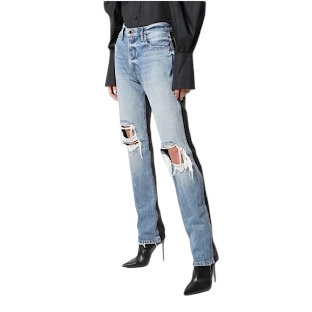 KHAITE Light Blue Distressed Straight Leg Jeans